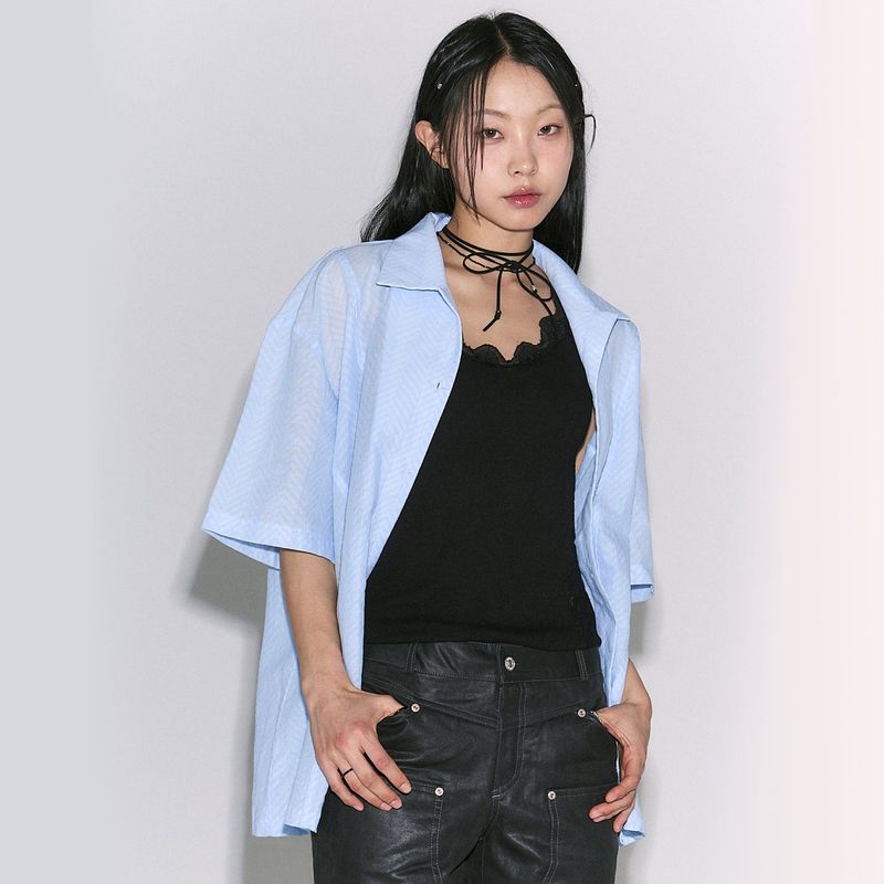 Herringbone Open Collar Shirt sky blue