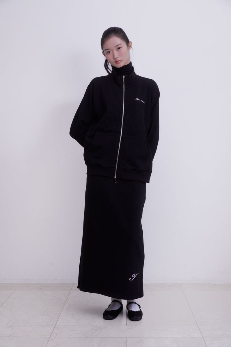 Lettering half neck two-way zip-up (BLACK)
