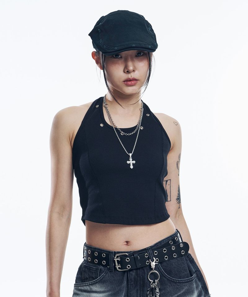 Eyelet halterneck sleeveless - BLACK