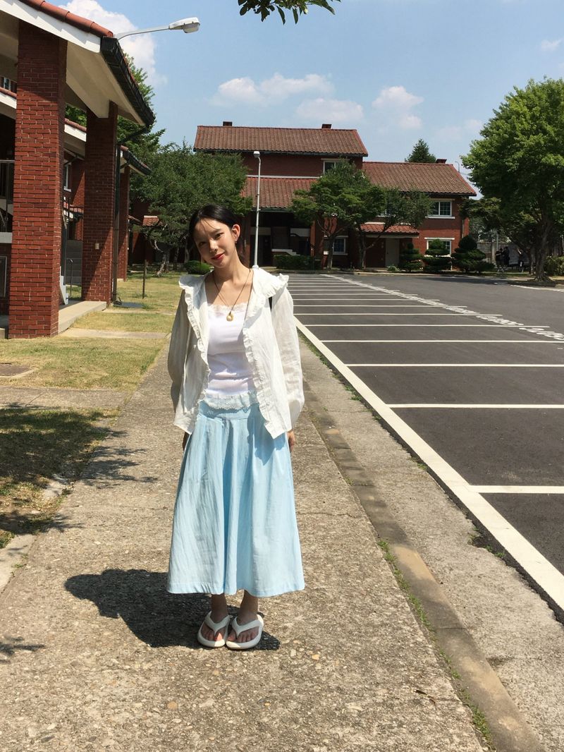 Button Minimal Pin-tuck Sagging Skirt (3c)