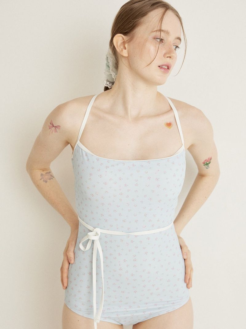 FLOWER STRING RIBBON MONOKINI - SKY BLUE