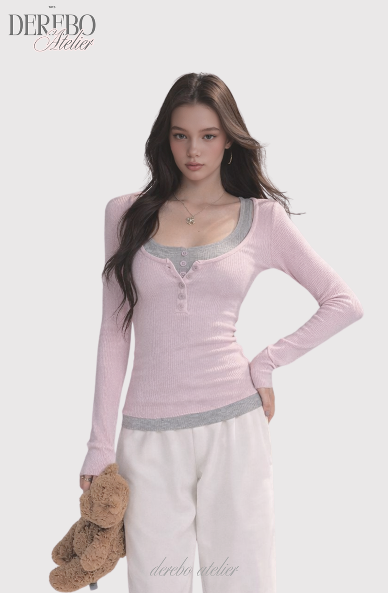 Pink bear ribbed long-sleeved T-shirt
