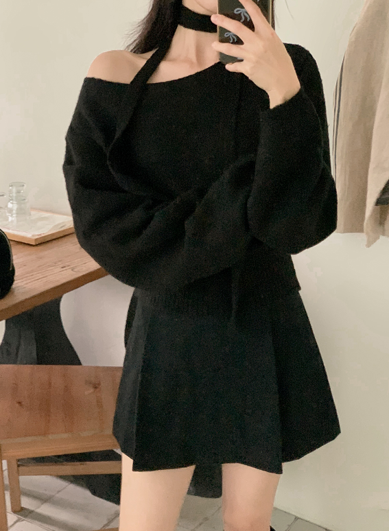 PV One Shoulder Knit + Tie Set (6color)