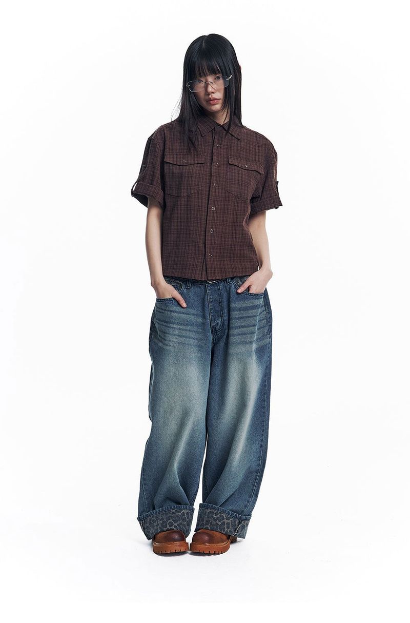 Leopard Cross Patch Roll-Up Denim Pants - Deep Blue