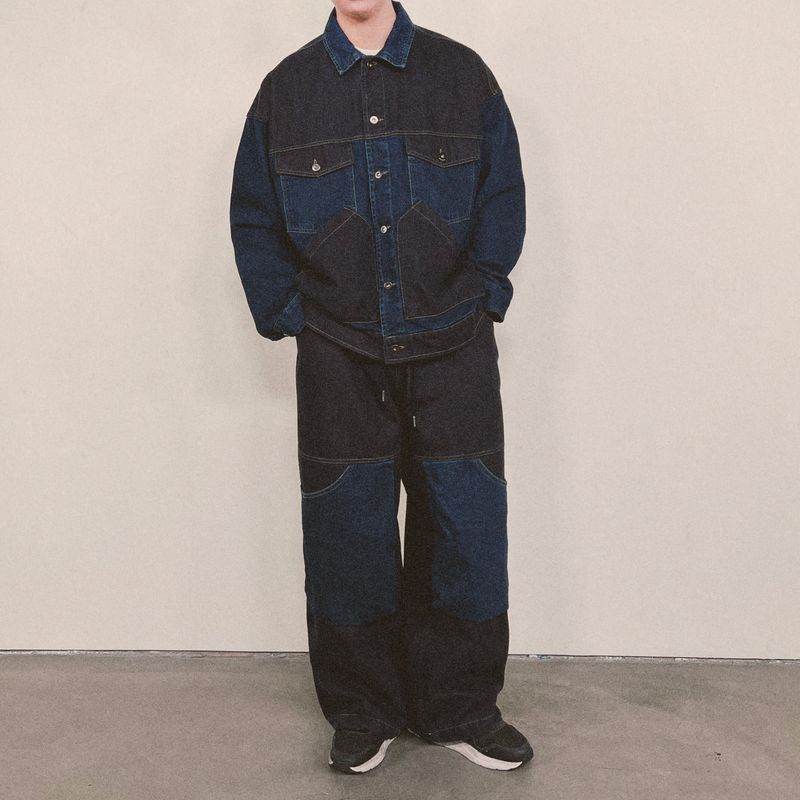 panel mix denim wide pants_blue