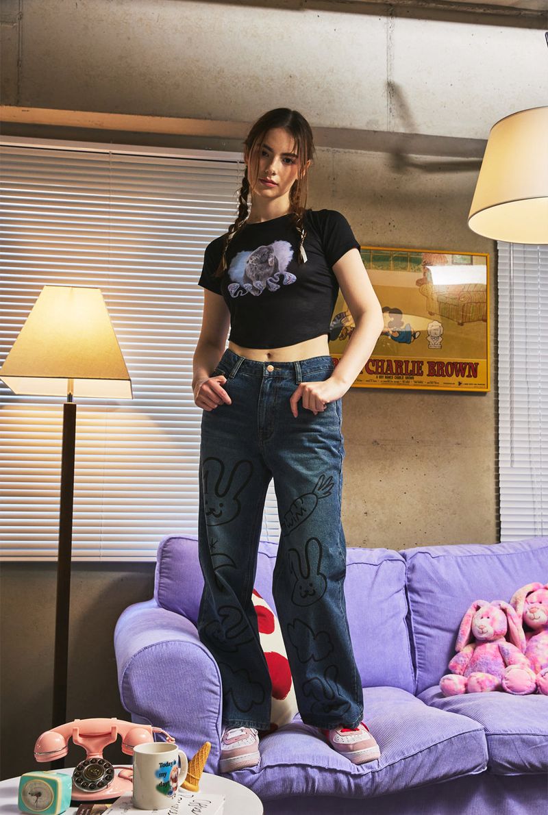 Heart bunny Raglan Crop-T (black)