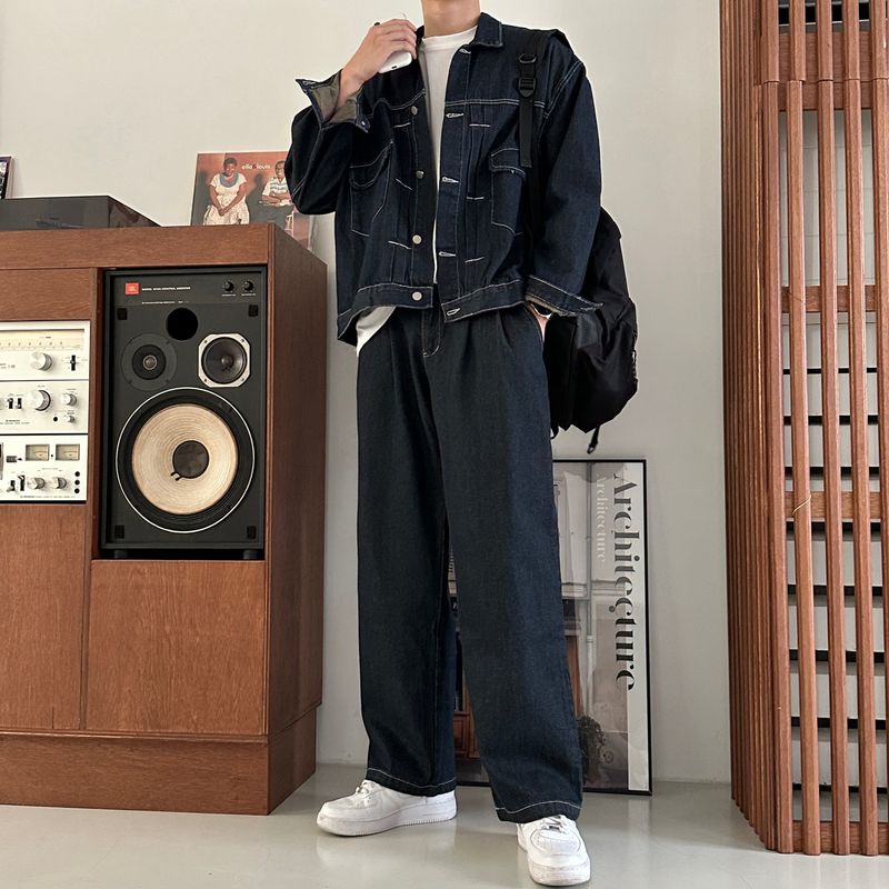 LMN log Oversized fit stitch denim setup jacket (2 colors)