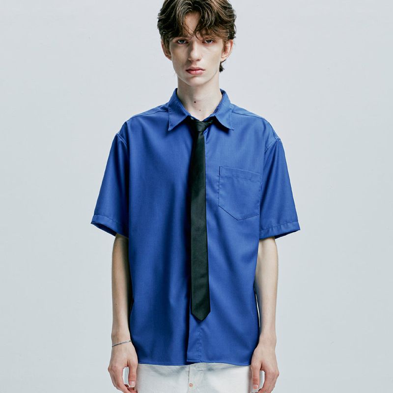 [SLIMTIE SET]fine twill tip half shirt blue