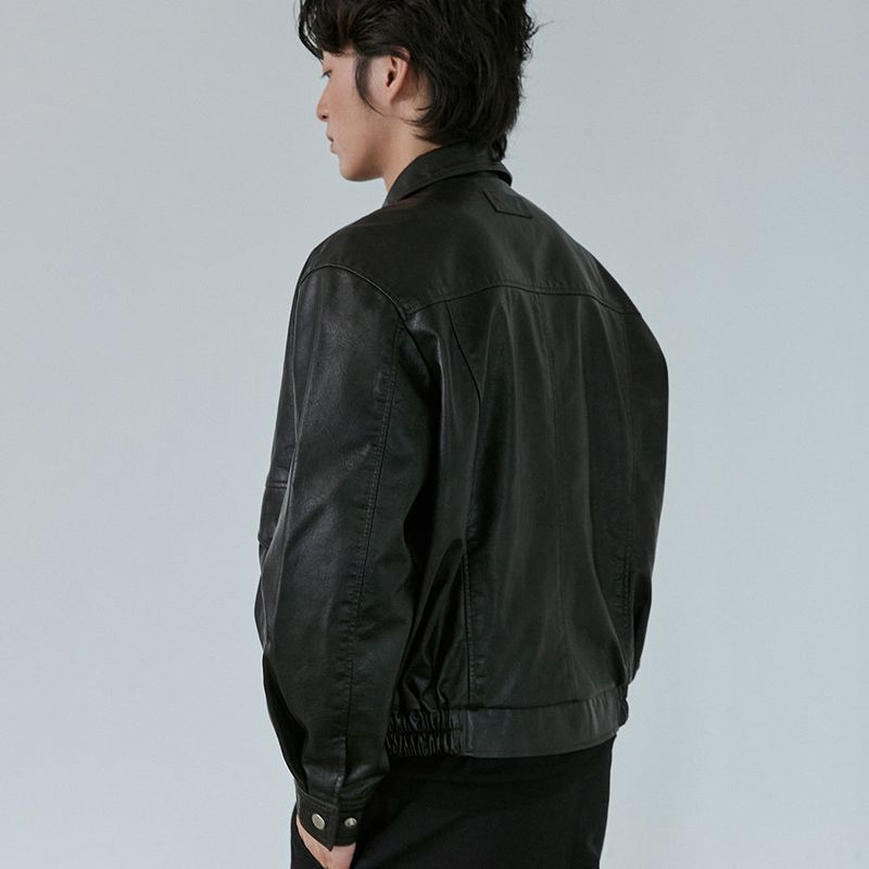 Washed Faux Leather Blouson (Dark Brown)