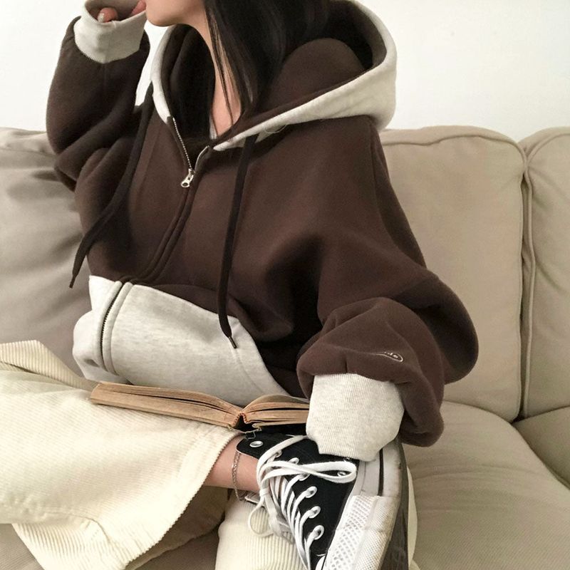 [BELLIDE MADE] two-tone coloring wool boxy hooded zip-up
