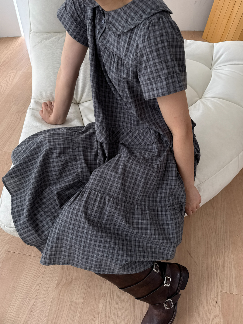 round collar check midi dress 