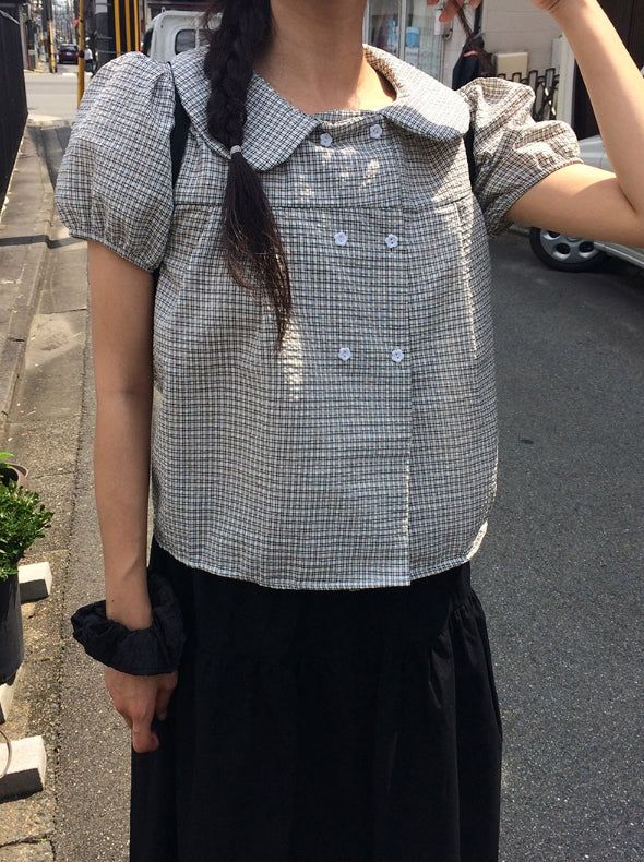 Odile Double Button Puff Check Collar Shirt Blouse