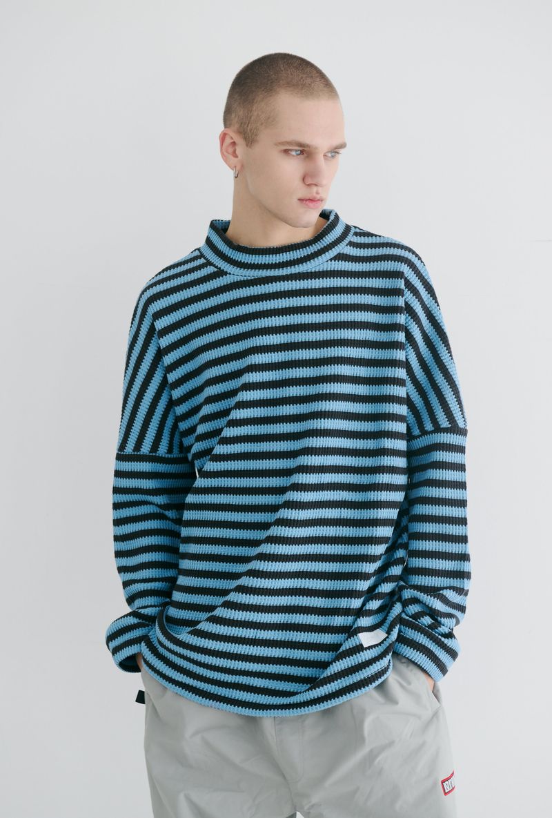 BSR2223FWPO027 STRIPE HIGH NECK PULLOVER BLUE