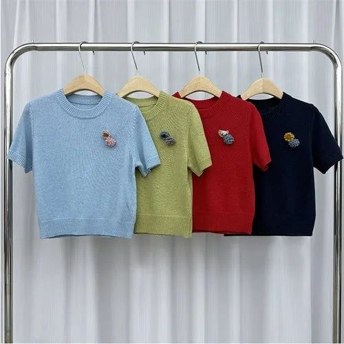 [1+1 Special] Tours Flower Decor Round Neck Wool Short Sleeve Knit