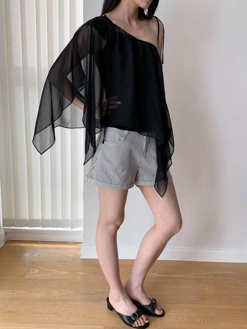unbalanced chiffon see-through frill blouse