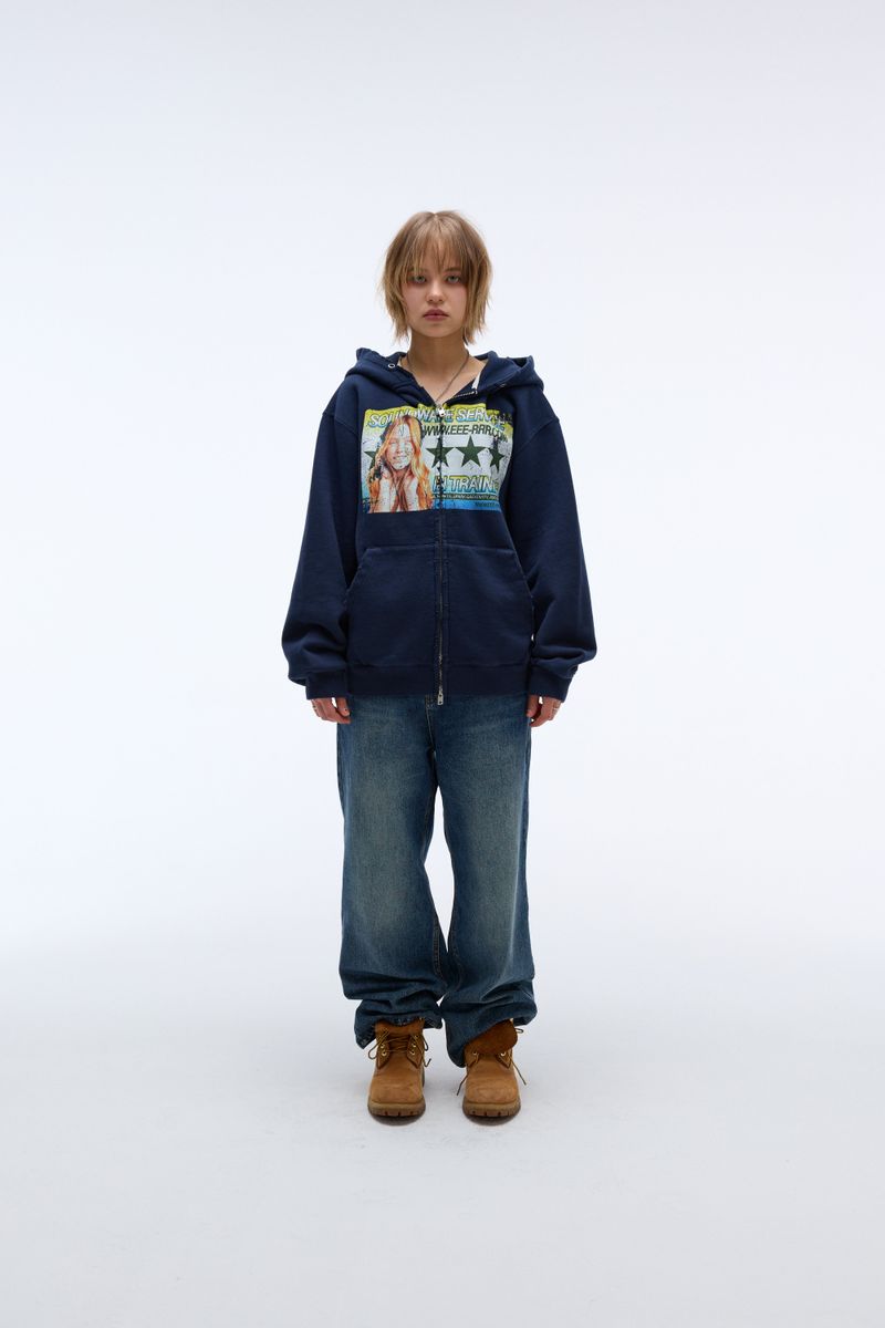 ER(EEERRR)（イーアール）の「サウンドウェーブアートワークダメージウォッシングフーディージップアップ (ネイビー)（トップス）」