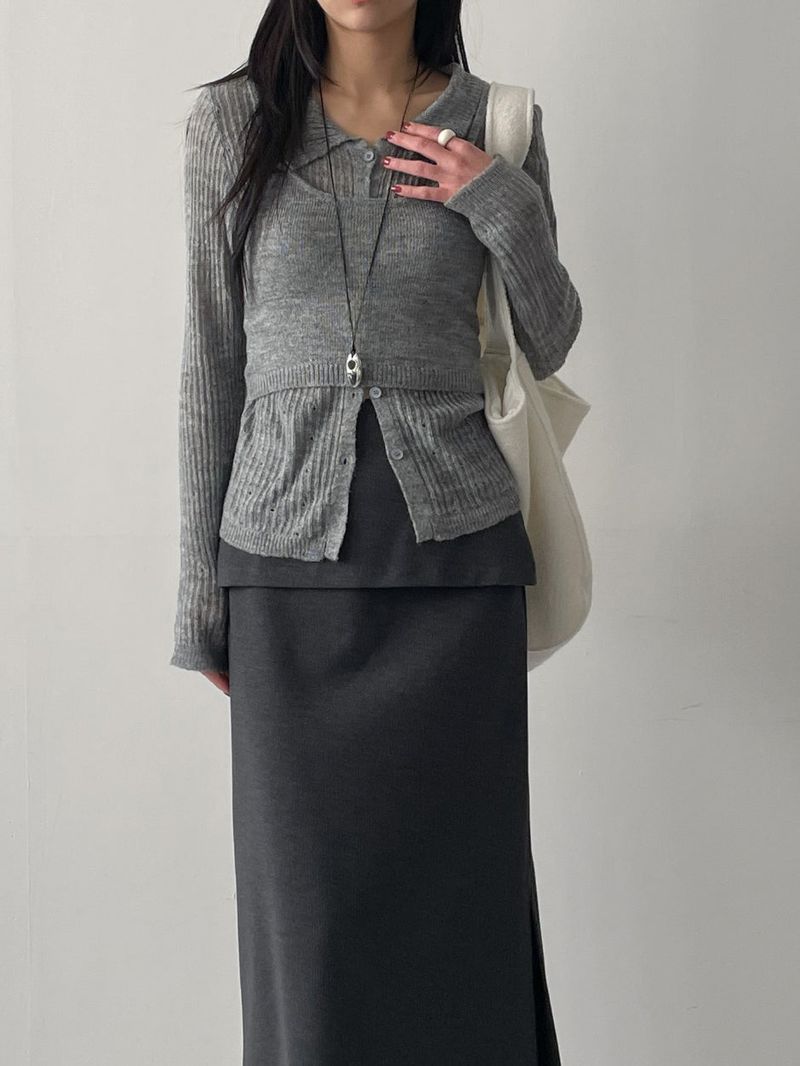 [Bustier set] Collar Wool See-through Knit