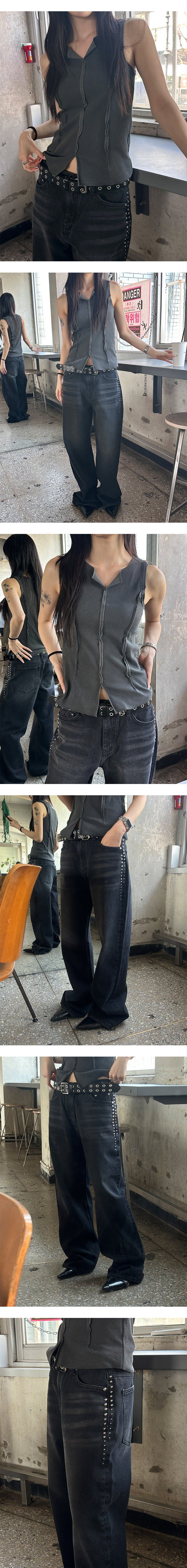 [Unisex] stud semi wide denim pants(2color)