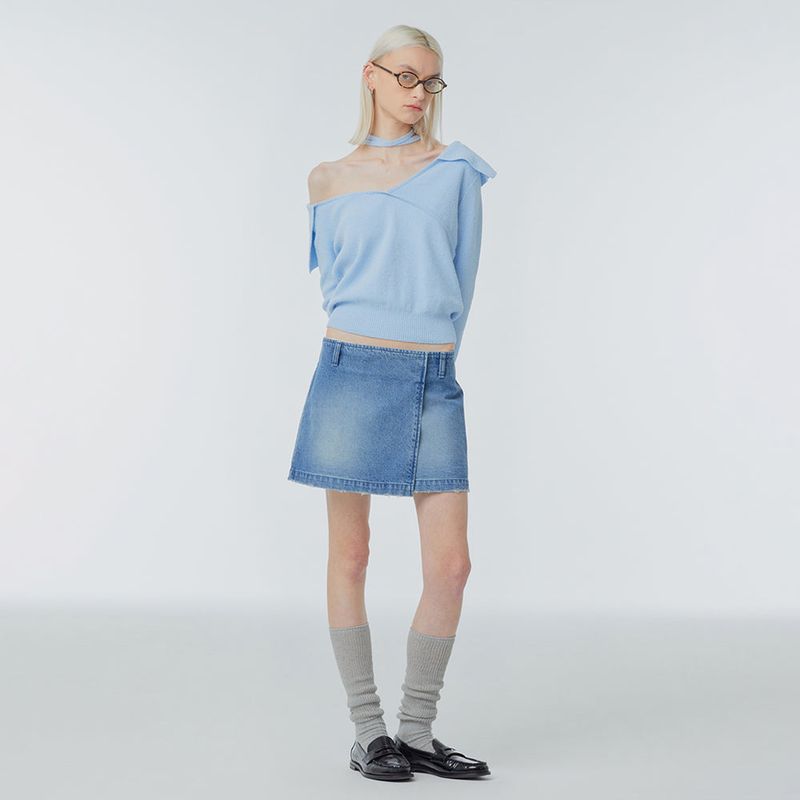 Wrap-front denim mini skirt