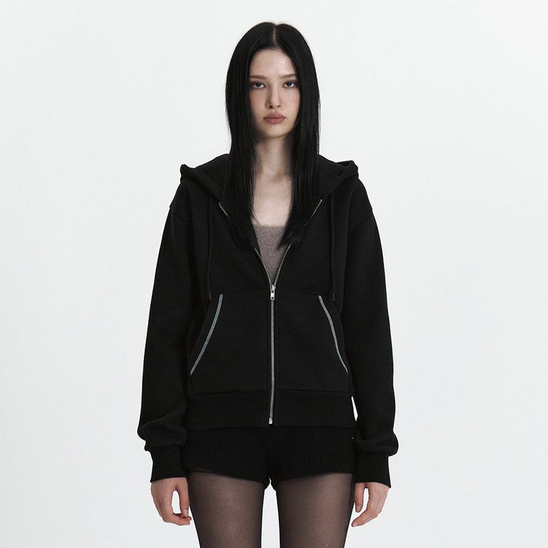 C VELVET LOGO FLEECE ZIP-UP HOODIE_BLACK