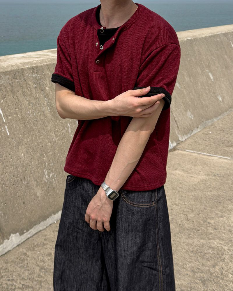 Near Henley Neck Cropped Knit Short Sleeve