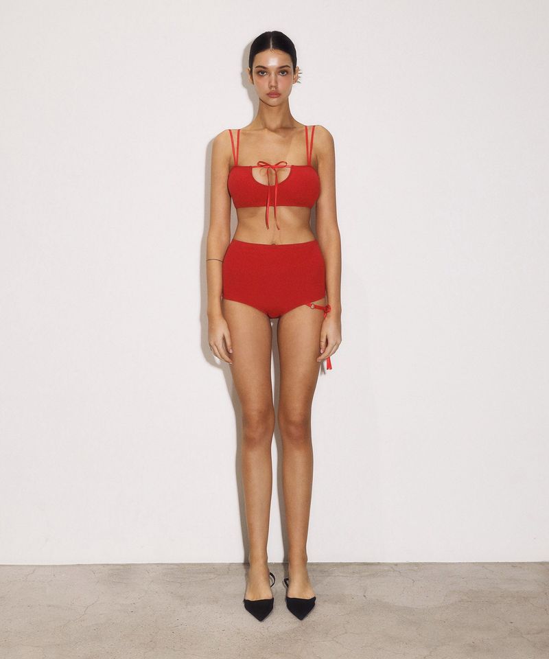 One-side ribbon high bikini panties (Red)