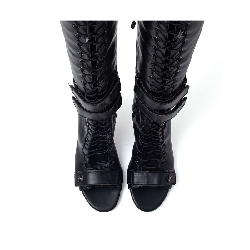 Double Strap Lace-Up Open Toe Boots Heel(Black)
