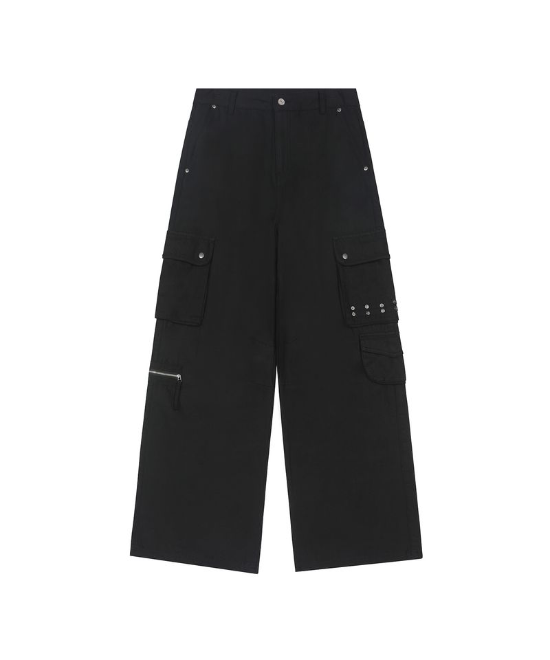 Multi Pocket Eyelet Wide Cotton Pants -BLACK