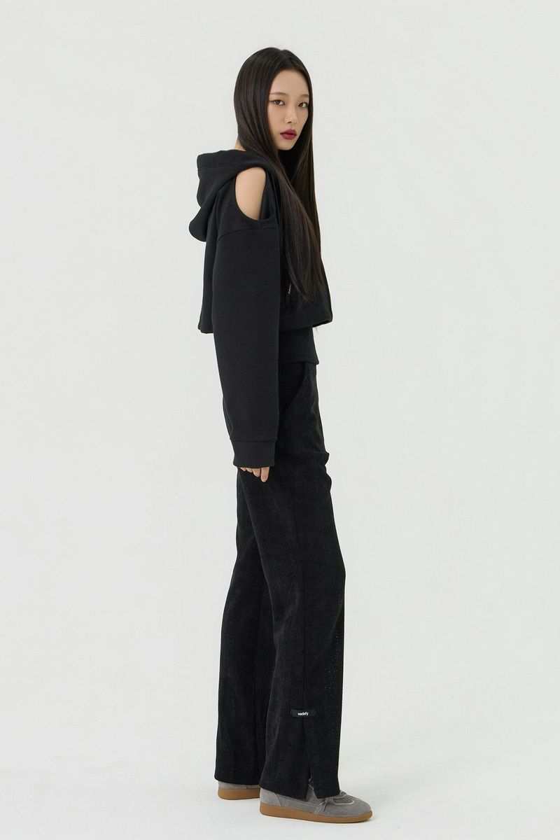 Shoulder Cutout Crop Hooded Zip-Up, Black
