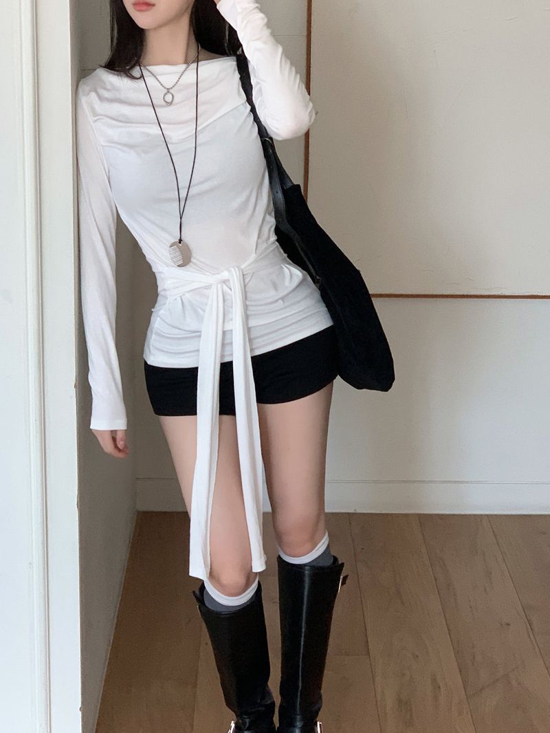 Loving Front Wrap Tie Boat Neck Long Sleeve Tee 