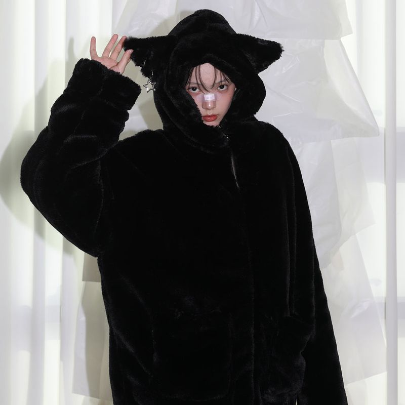 Cat Ear Fur jacket -  BLACK