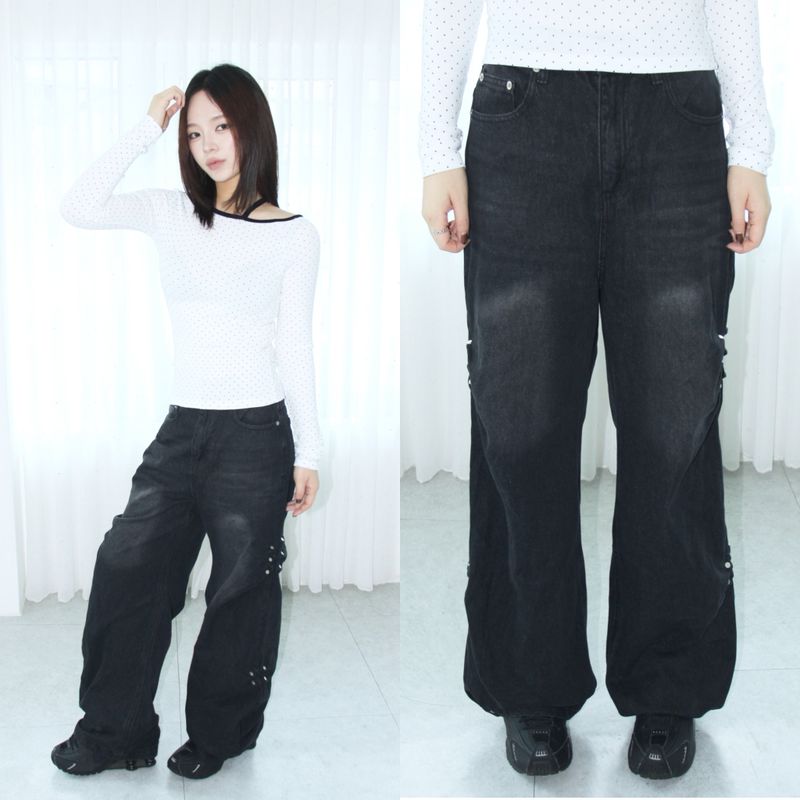 Stud Side Pintuck Wide Pants (2colors)