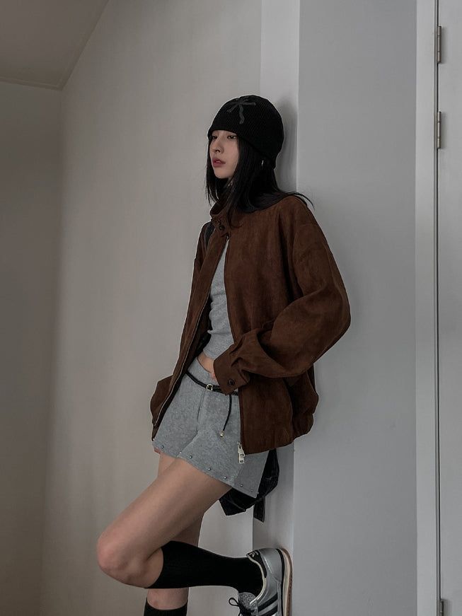 Rio High Neck Button Suede Jacket
