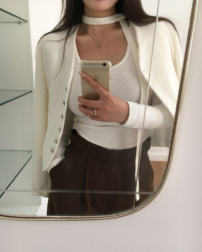 No-Collar Tweed Jacket with Tie Set
