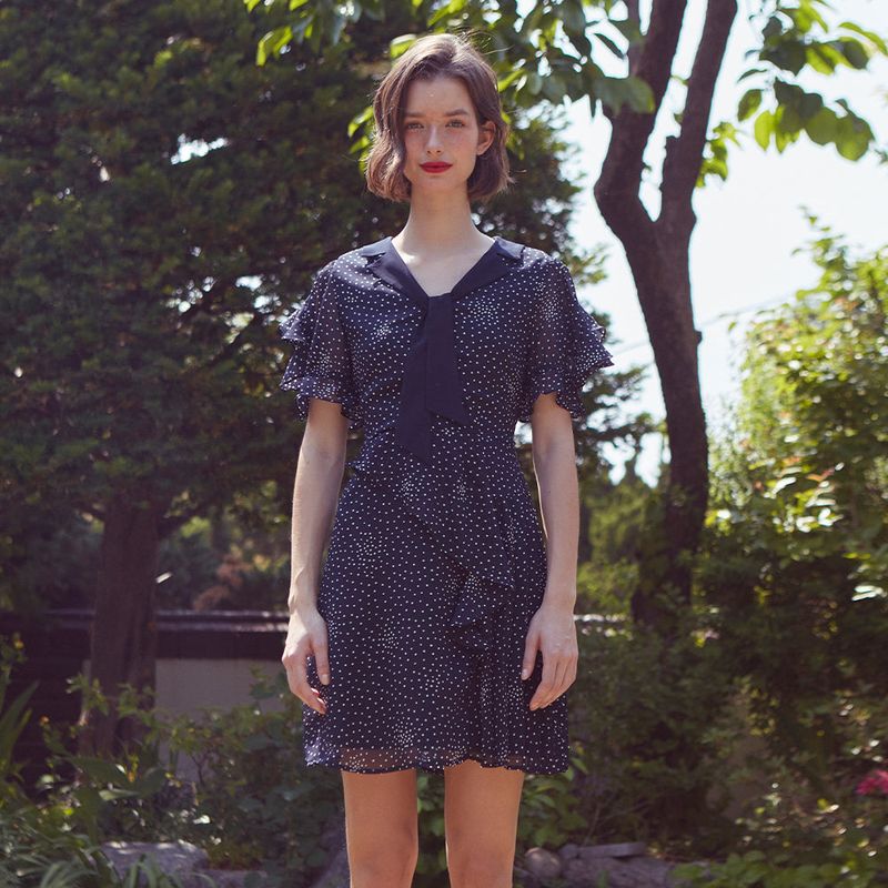 Frill Ribbon Mini Dress (NAVY)