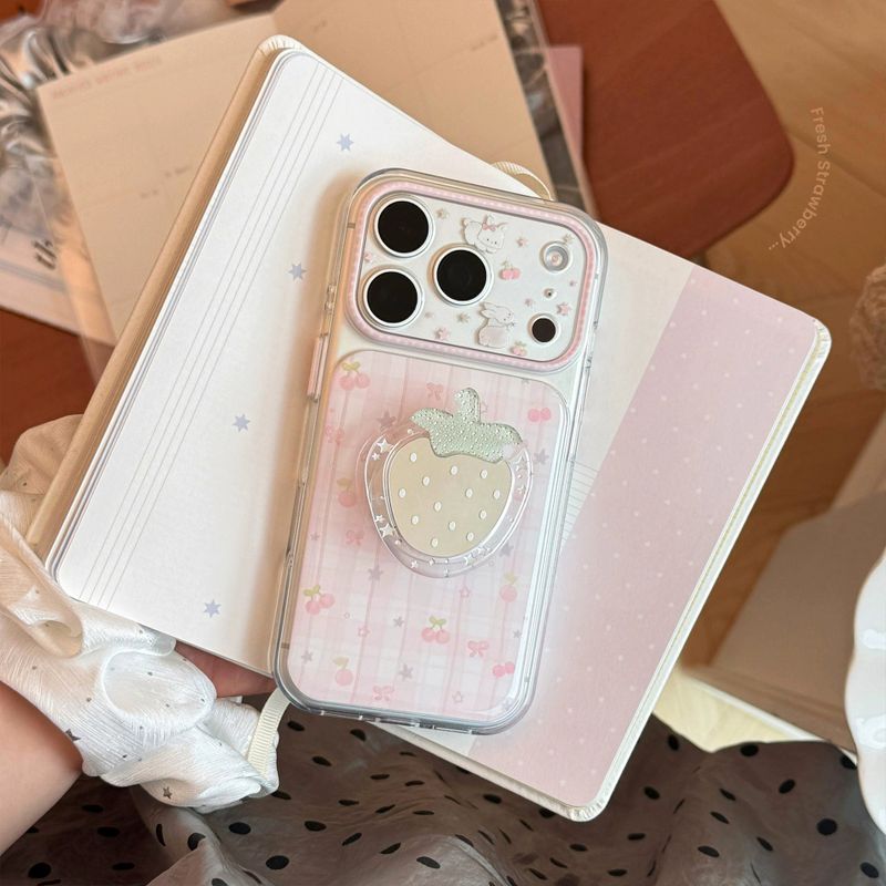 Pink Check Strawberry Mirror Magnetic iPhone Case