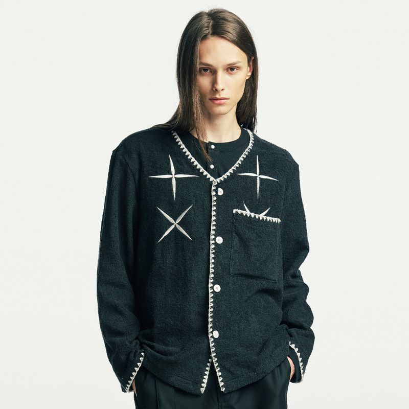 east star button up terry cardigan black