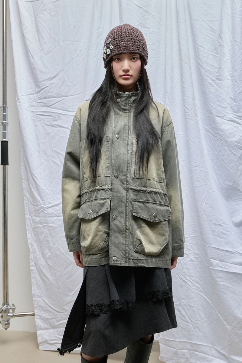 Washed High-Neck Field Jacket_Khaki