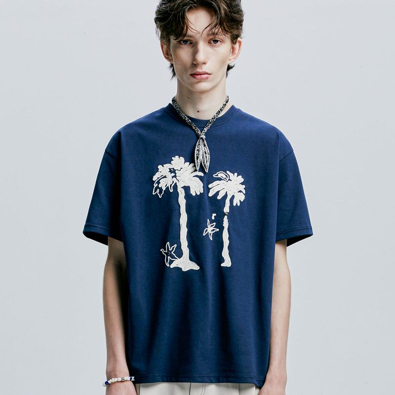 palm tree & eyelet chain needlework t-shirt navy