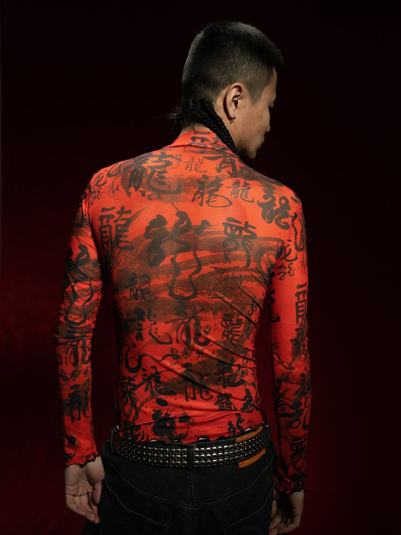 RTVG(RETROVEGAS) Chinese dragon fonts elasticity mesh clothing
