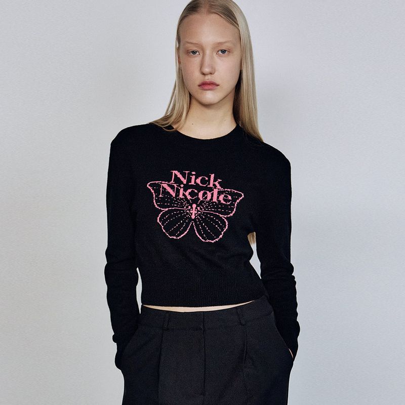 CASHMERE BUTTERFLY SIGNATURE CROP KNIT_BLACK PINK