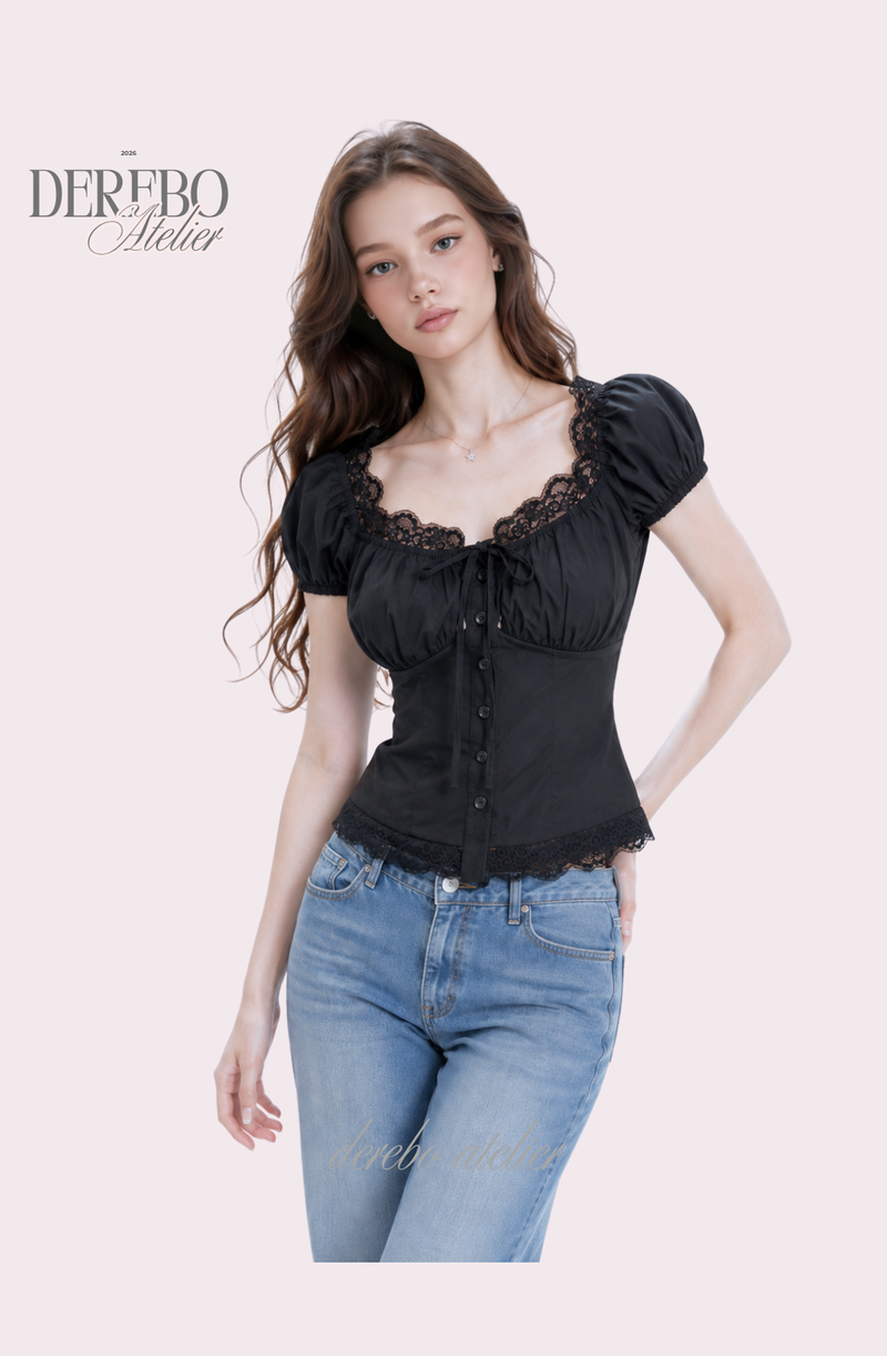Black lace square short-sleeve blouse