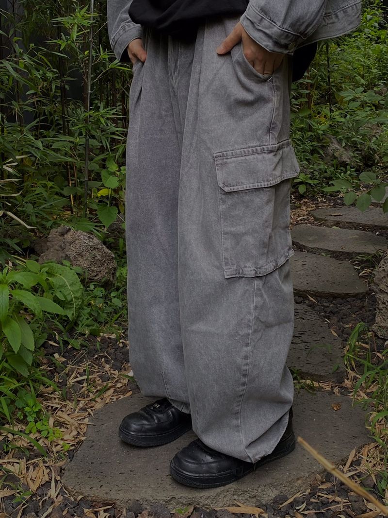 Balloon pintuck wide banding denim pants