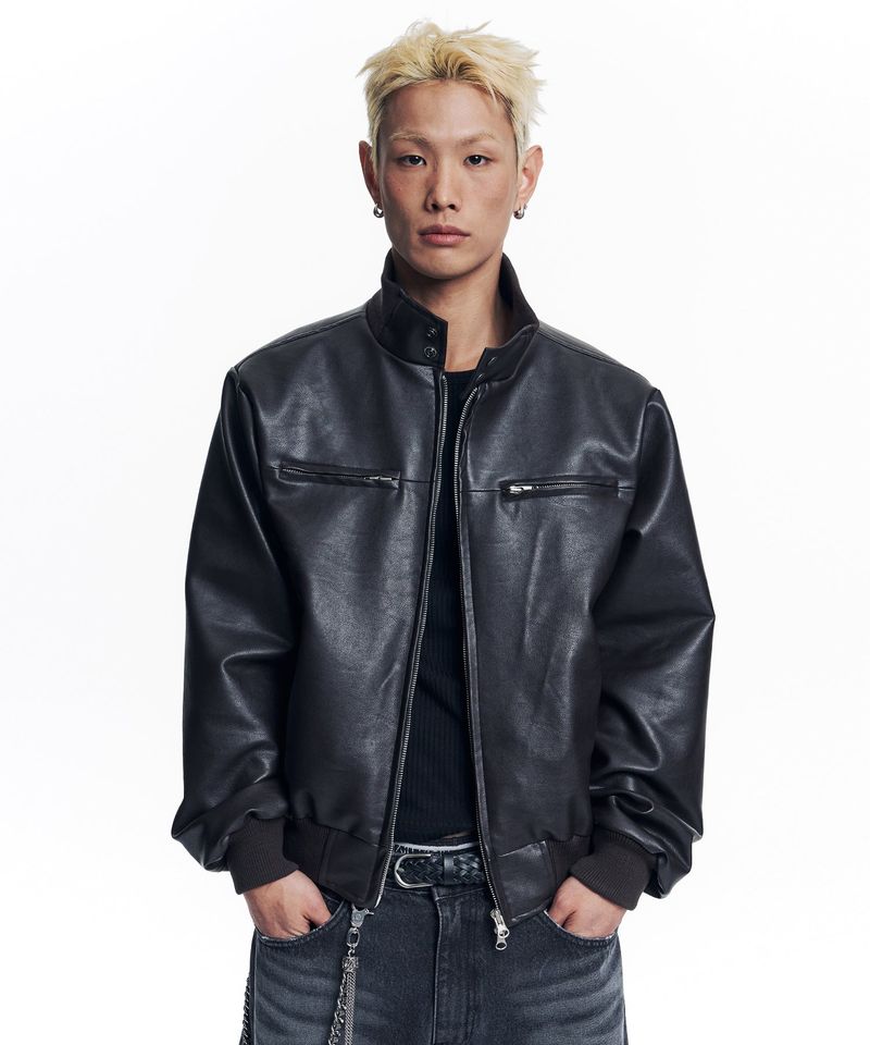 High Neck Leather Crop Jacket - Brown