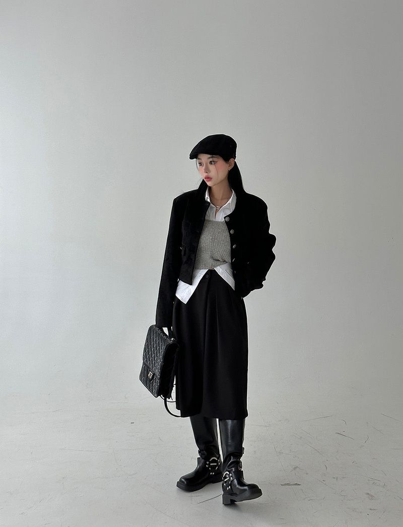 a no-collar suede jacket