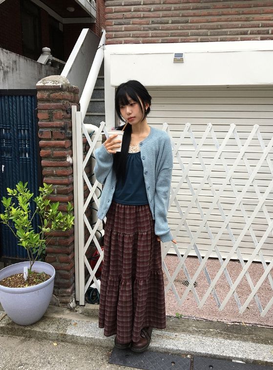 Talib Vintage Check Tiered Banding Long Skirt