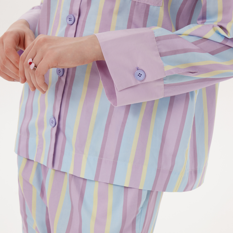 Purple Cotton contrast striped loungewear set
