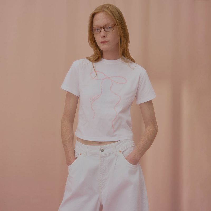 NCOVER(エンカバー)の「WAVE PEARL RIBBON CROP TSHIRT-WHITE(Tops)」