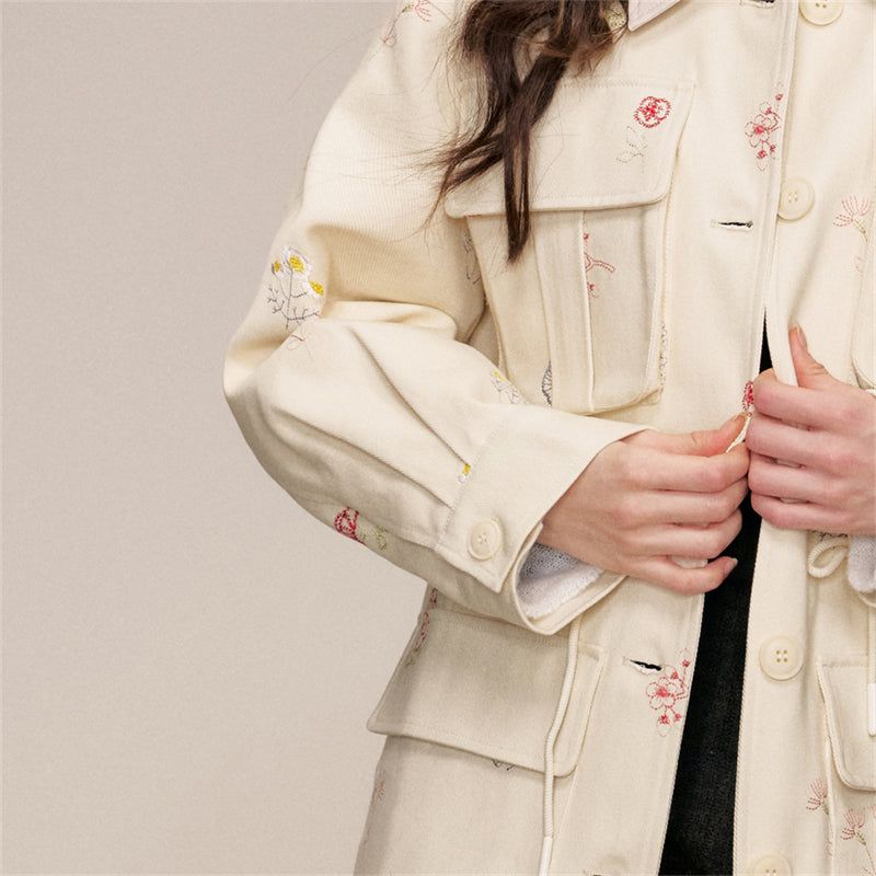 Floral Embroidery Cotton Cargo Jacket