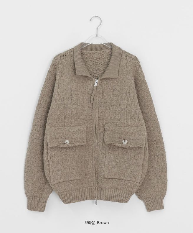 [unisex] Kamba Pocket Collar Cable Knit Zip-Up